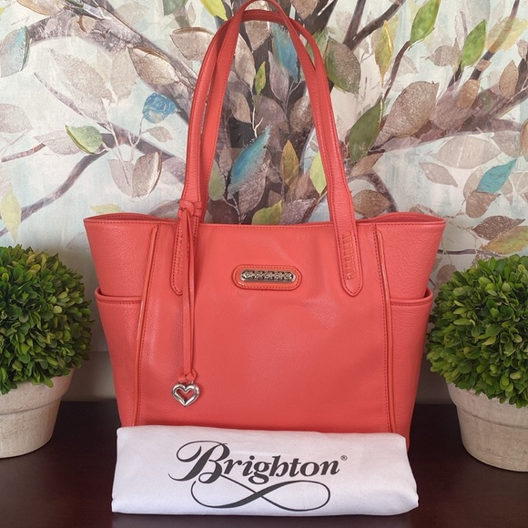 BRIGHTON “PAULINA” CORAL MELON 💯% GENUINE PEBBLED LEATHER SHOULDER TOTE BAG EUC - Picture 3 of 17